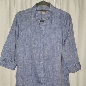 Chico's 100% Linen No Iron 2P / 12-14P Petite Blue Button down Blouse